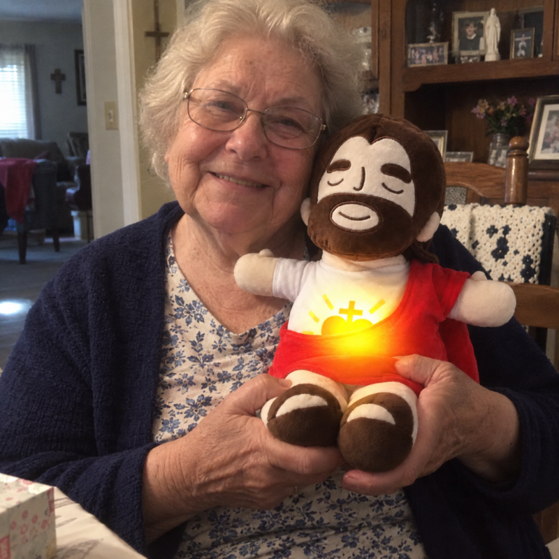 Customer photo with the Jesus plush